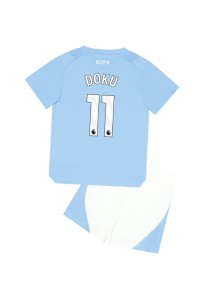 Manchester City Jeremy Doku #11 Jalkapallovaatteet Lasten Kotipeliasu 2023-24 Lyhythihainen (+ Lyhyet housut)
